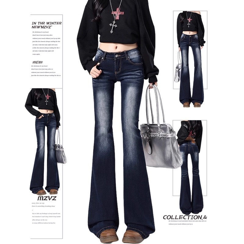 American-Style Retro Blue Faded White Crease Flared Jeans for Women Winter 2025 Fashionable Low-Rise Bell-Bottom Pants