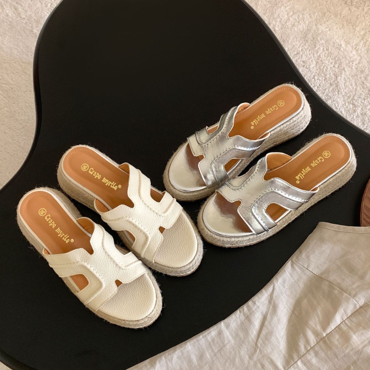 El nuevo estilo de verano de Grape Mom aumenta 6cm ~ Sandalias y pantuflas tejidas de cuña de plataforma retro literaria y artística