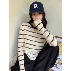撞色圆领条纹长袖针织衫女内搭打底衫薄款洋气设计感小众秋季上衣