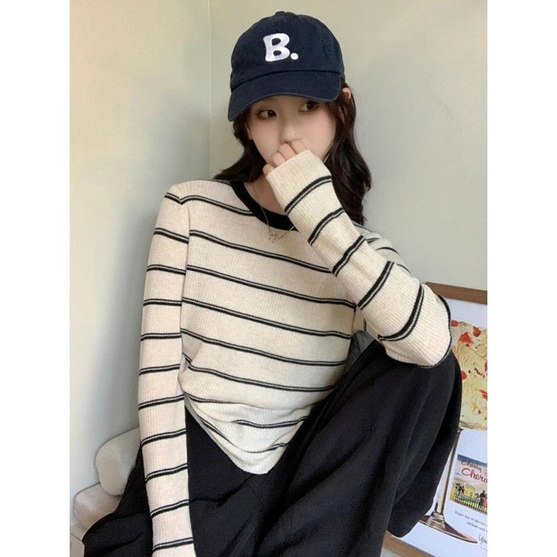 撞色圆领条纹长袖针织衫女内搭打底衫薄款洋气设计感小众秋季上衣|undefined