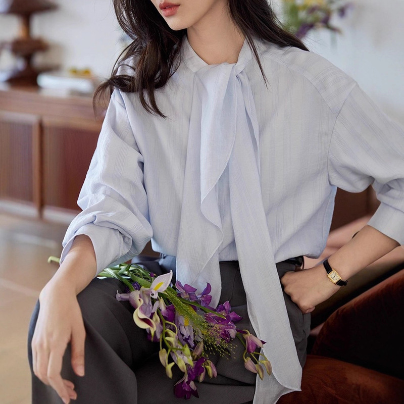 Moriirose Blue Ribbon Off-Shoulder Stripesd Long-Sleeved Tencel Shirt Women's Autum French Retro Elegant Top Moriirose Blue Ribbon Off-Shoulder Stripesd Long-Sleeved Tencel Shirt Women's Autum French Retro Elegant Top