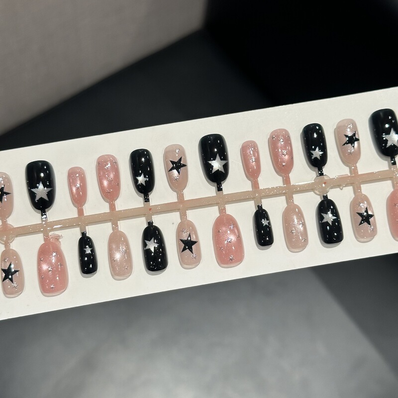 Nail Art Wearable Nail Tips Pink and Black Starry Design High-End Semi-Finished Product 30 Pieces Assorted Sizes Handmade Wearable Pre-Made Nail Tips Wholesale