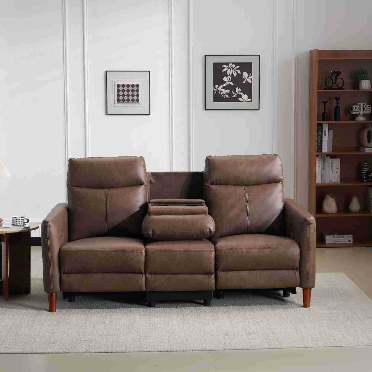 Three-Person Sofa Electric Reclining Charging Interface Integrated Footrest Electric Sofa Scandinavian Style Pu Leather