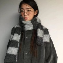 韩国设计感美式复古毛茸茸马海毛氛围条纹保暖围巾围脖潮ins男女