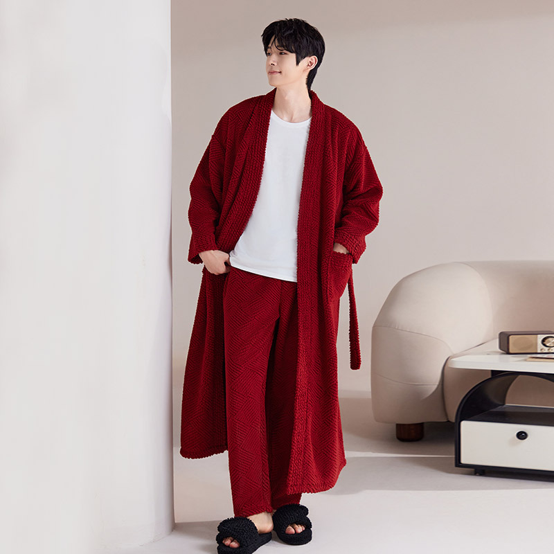 Half Velvet Nightgown for Men in Autumn and Winter Thickeneded Coral Velvet Red Zodiac Year Pajamas for Women Bathrobe for Men Long Home Clothes