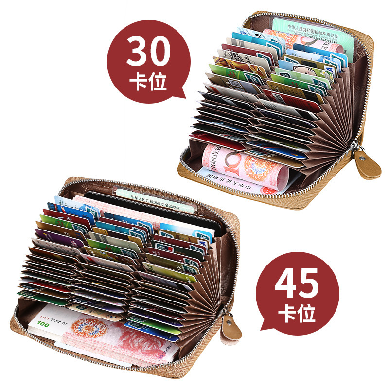 Geruola Leather Factory Card Bag para hombres Cremallera de gran capacidad Caja de tarjetas de cuero con múltiples posiciones Almacenamiento de 30 posiciones para hombres