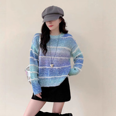 渐变色拼接毛毛条纹毛衣套头女2025秋冬新款宽松休闲长袖针织衫潮