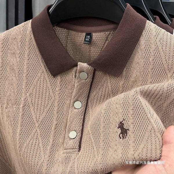Summer New Fashion Lapel Men's Knitted Short-Sleeved Shirt Loose Casual Jacquard Shirt Middle-Aged Half-Sleeved Top Light Coffee