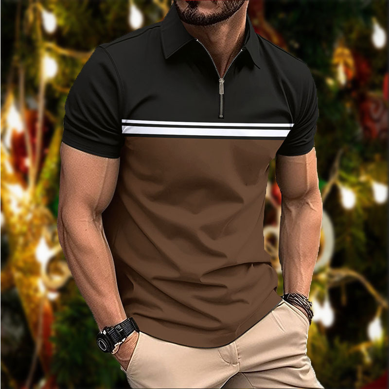 2025 Amazon Cross-Border Summer New Digital Printing Color-Blocked Button Casual Lapel Short-Sleeved Polo Shirt