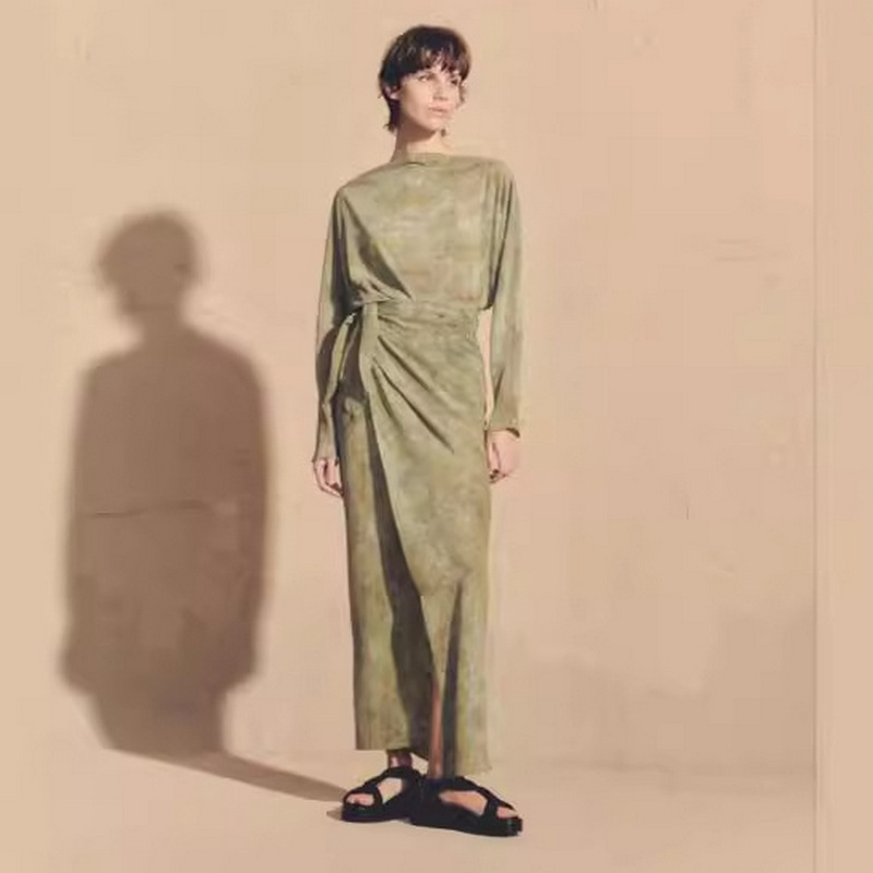 In stock Spanish niche design printed long-sleeved wrap dress women's waist lace-up retro mulberry silk dress