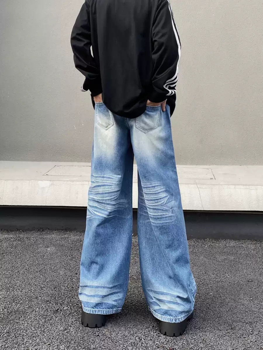Vintage Washed Blue Wide Leg Jeans For Men & Women | Retro Loose Fit Straight Denim Pants | High Waist Comfort Styling_mkmklike.com