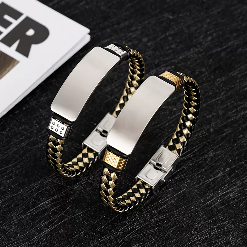 欧美新款男士商务复古不锈钢手链情侣礼物加工刻字手工编绳手环