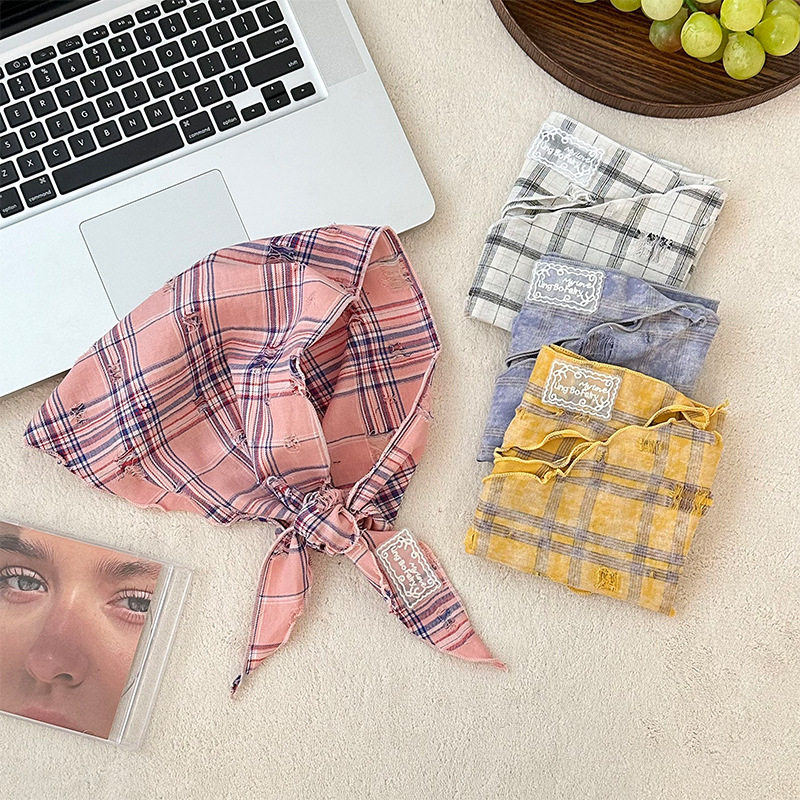 Pañuelo de seda de lino y algodón a rayas a cuadros, bufanda de todo fósforo, decoración de protección para el cuello de primavera y verano, bufanda triangular, bufanda, bufanda, cuello japonés y coreano femenino