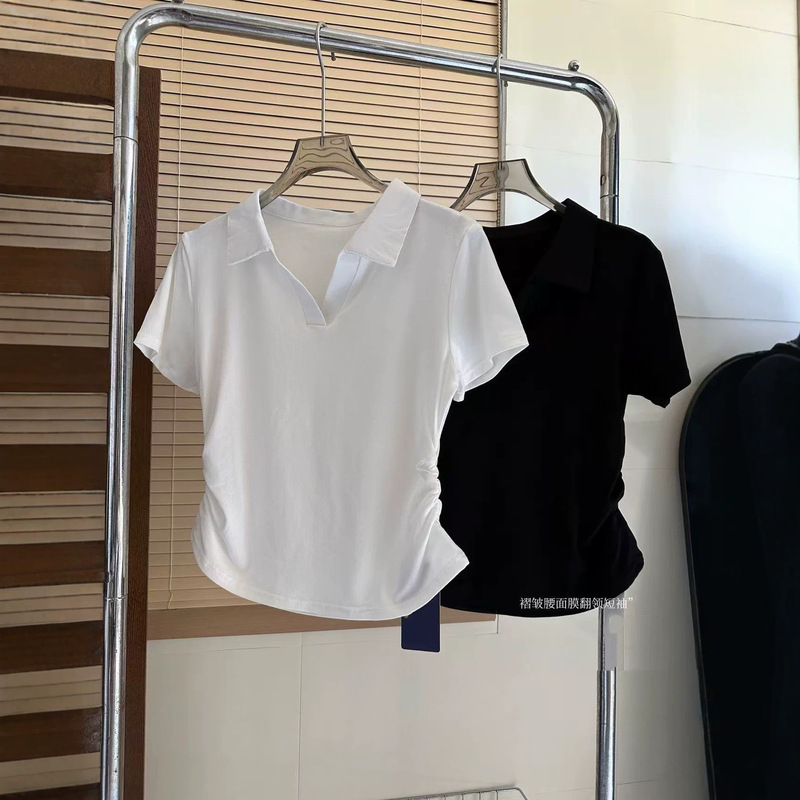 Bh7604 Flying 1-Piece Pleated Waist Mask Lapel Short-Sleeve T-Shirt with Curved Hem to Create S-Curve for Everyday Shopping Bh7604 Flying 1-Piece Pleated Waist Mask Lapel Short-Sleeve T-Shirt with Curved Hem to Create S-Curve for Everyday Shopping