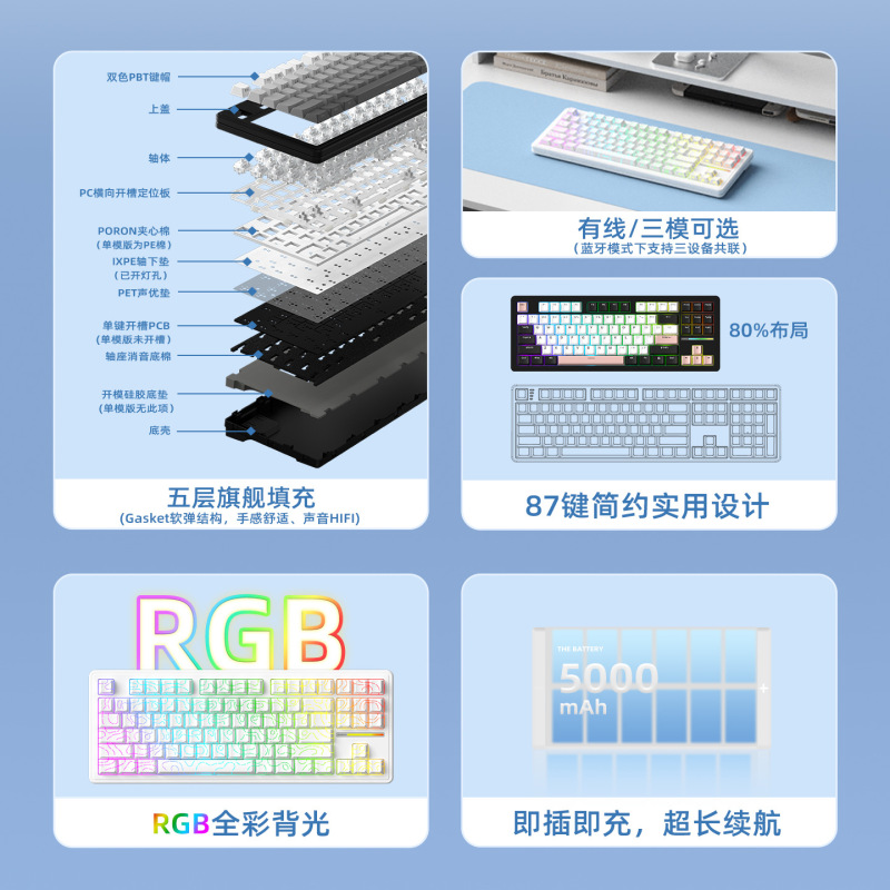 Xinmeng M87Lite 3 モードワイヤレスオフィスキーボード GasKet カスタマイズされた麻雀トーンと見栄えの良いゲームユニバーサル|undefined