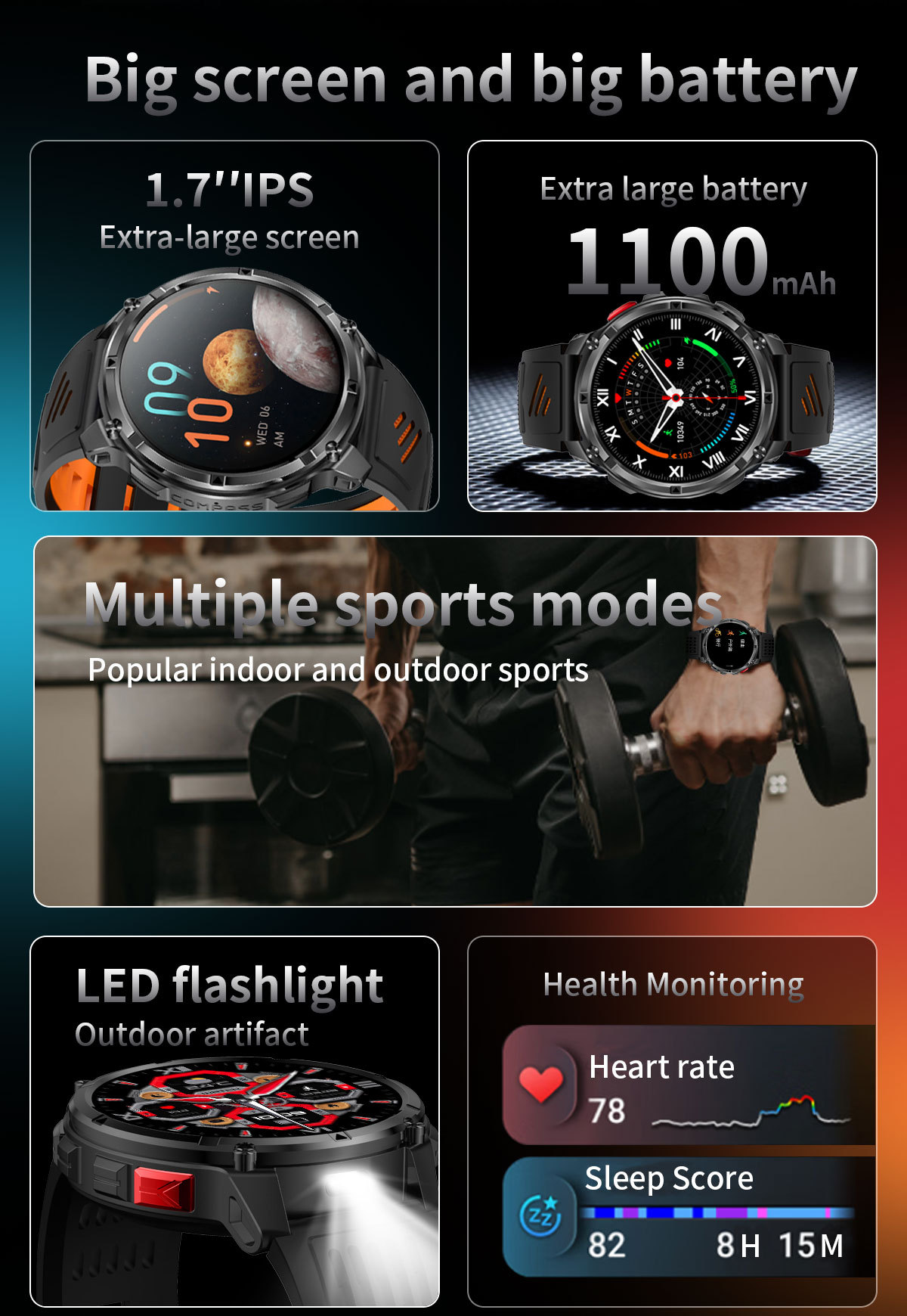 Smartwatch For Outdoor Sports With Calling Compass And Flashlight_voghion.com