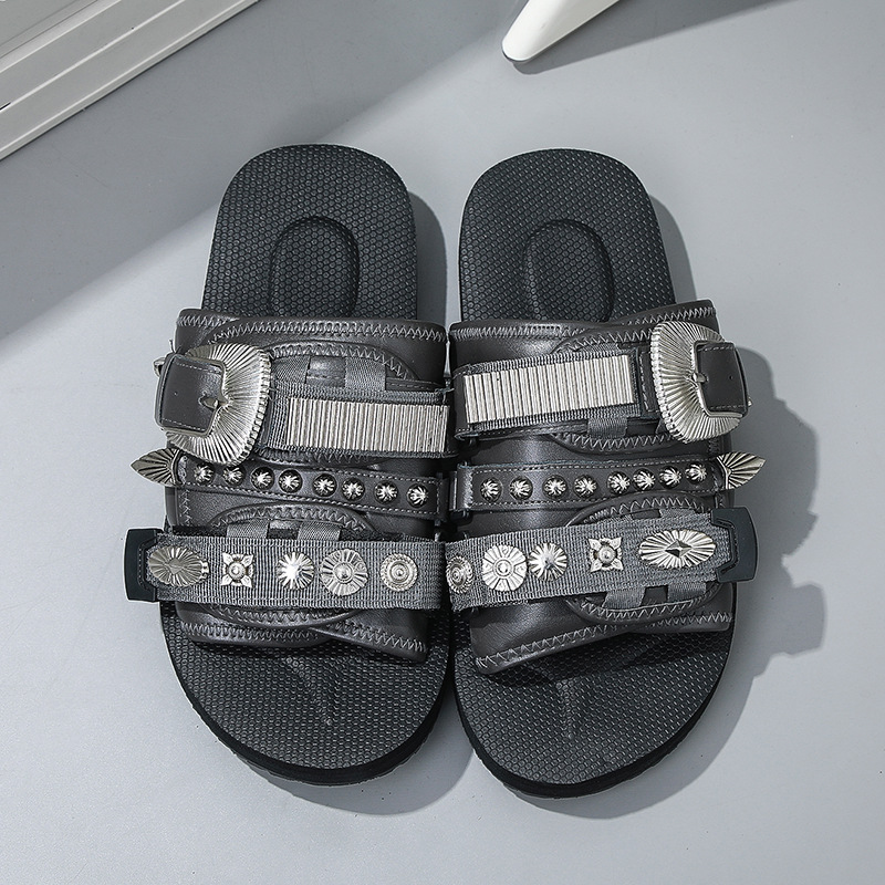 跨境外贸男女一字面拖鞋织带魔术贴面EVA厚底沙滩鞋Sandal复古