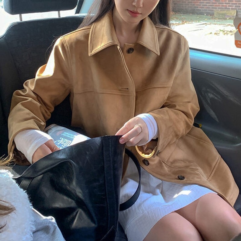 秋冬新款法式百搭复古美拉德仿麂皮绒翻领宽松单排扣通勤外套女装|undefined