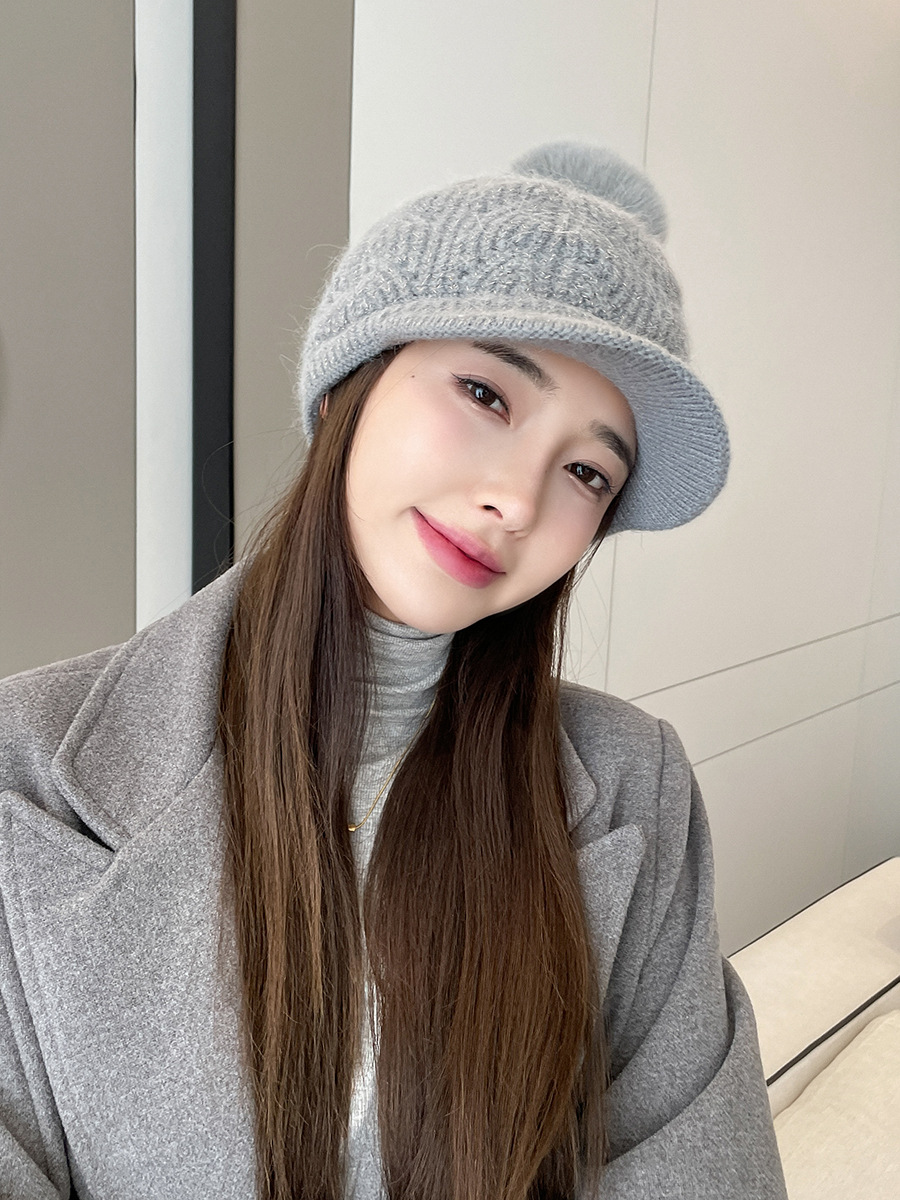 Autumn And Winter Velvet Rabbit Fur Women's Baseball Cap Texture Sequin Wool Ball Knitted Duckbill Cap Trend Warm Hat Yarn Cap_voghion.com