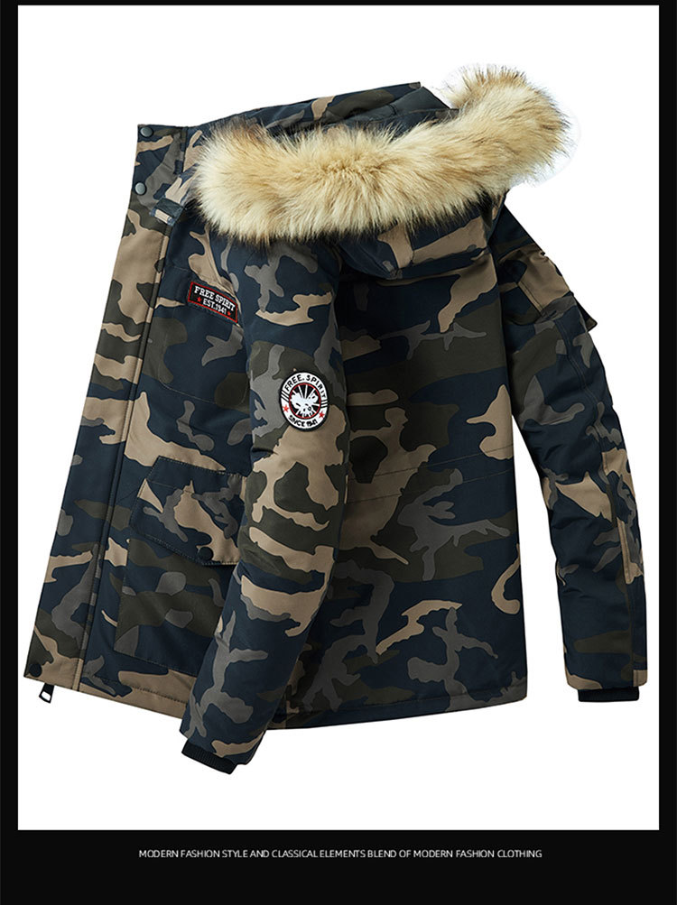 Giacca invernale da uomo 2024 calda e casual con cappuccio e collo in pelliccia mimetica in cotone 1906_voghion.com