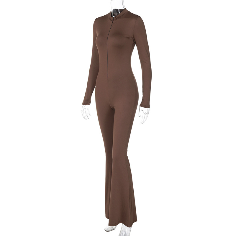Women Clothing Winter Solid Color Tight Zipper Sports Yoga Jumpsuit