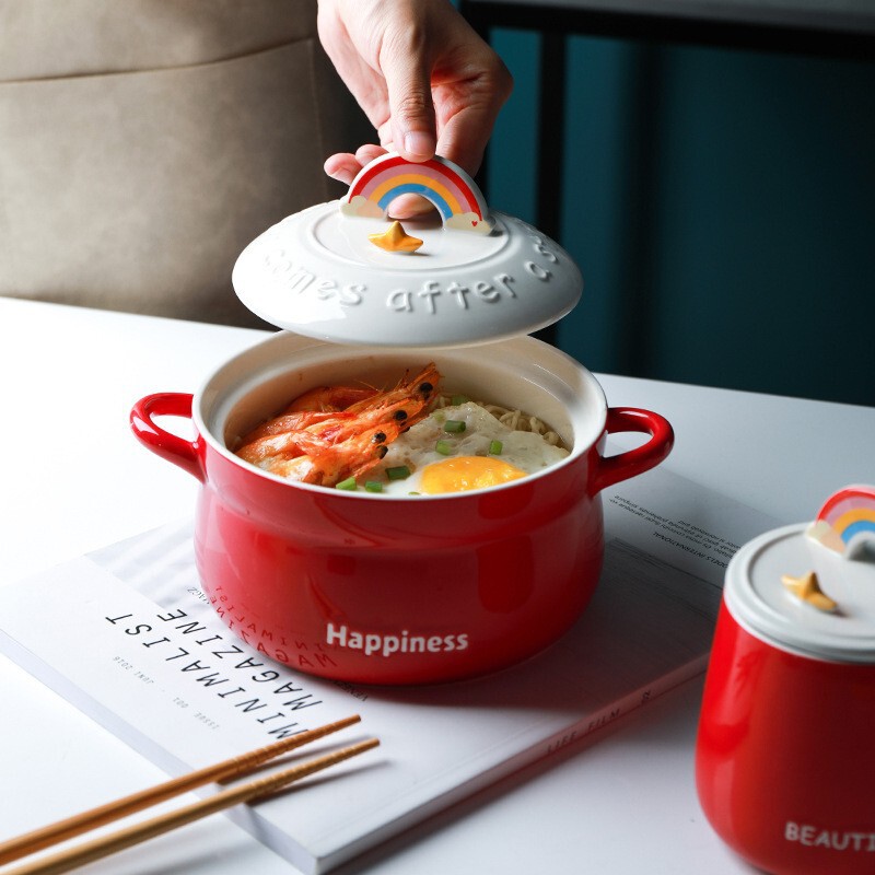 Creative ceramic bowl instant noodle bowl double ears with lid ceramic tableware dormitory soup bowl noodle bowl high color value cartoon home