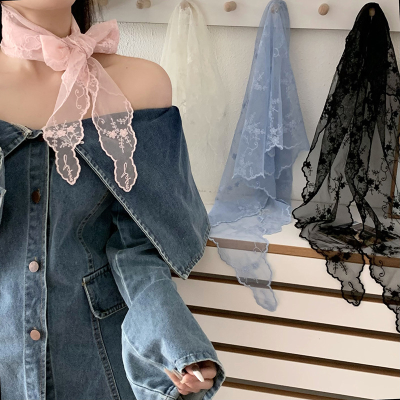 Pañuelo en la cabeza Verano femenino pastoral primavera y verano nuevo estilo de encaje pañuelo en la cabeza con serpentina bufanda pequeña para atar el pelo bufanda triangular bufanda de encaje