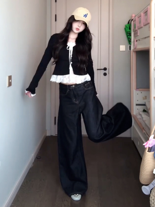 早秋季穿搭黑色假两件长袖t恤女2025新款设计感小众韩系绝美上衣|undefined