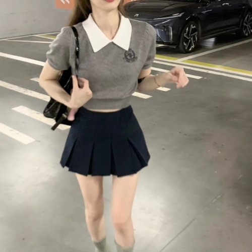 OAJER European and American Style Children's Clothing Flagship Eagle Same Style Women's Student Woolen Sweater Women's Summer Knit Polo Neck Short Sleeve Top