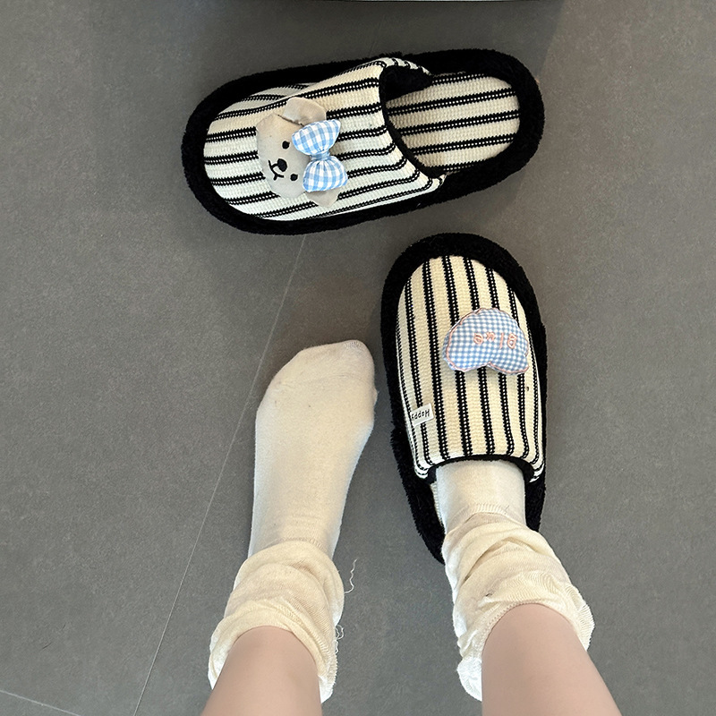 蝴蝶结小熊一脚蹬包头拖鞋秋冬可爱卡通条纹居家防滑女生平底拖鞋|undefined