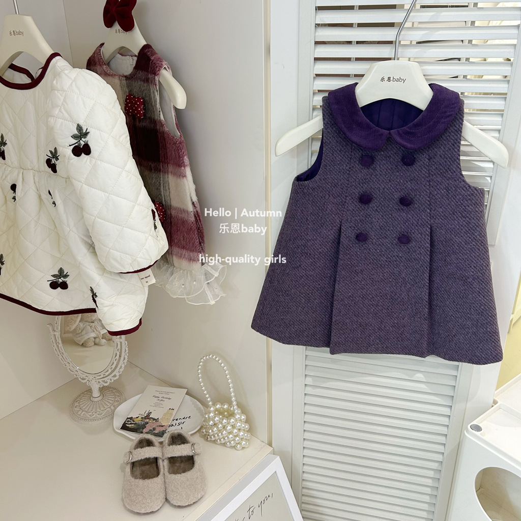 [Ropa para niños Le En] Vestido de chaleco de lana morado de invierno para niñas Vestido noble de estilo fragante pequeño Vestido de princesa para bebés