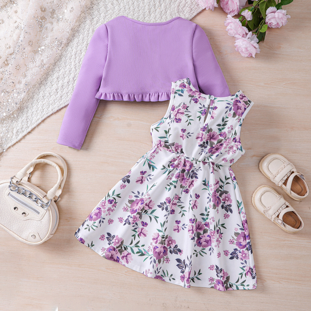 Vêtements pour enfants EW Nouveau produit pour filles Printemps et automne Robe imprimée Ensemble cardigan tricoté TZ828-C_voghion.com