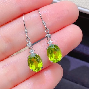 New Natural Peridot Stud Earrings S925 Silver Inlaid Main Stone 7*9mm Versatile Trendy Popular Women's Jewelry Wholesale
