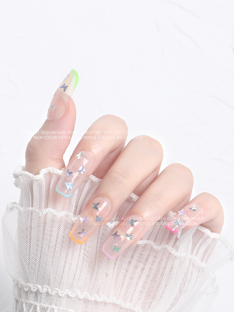 Celebridad en línea láser mariposa lentejuelas nuevo Ojo de caballo rectangular ultra-delgada magia flash uñas joyería 12 colores mezclados traje