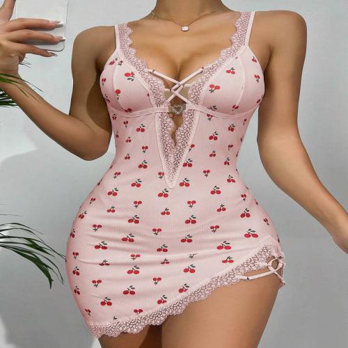 Cross-Border Pajamas Wholesale European and American Foreign Trade Hollow Home Pajamas Skirt Printed Slit Sexy Sexy Pajamas Home Clothes