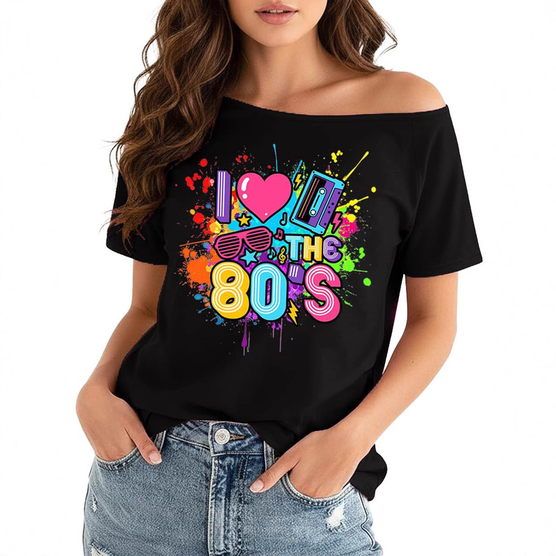 European and American Amazon Neon Party I Love 80's Graffiti Splash Paint Slash Neck Sexy Irregular Short Sleeve T-Shirt