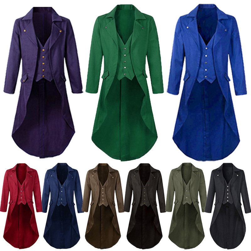 2025 Medieval Retro Men's New Tuxedo Clothes Midi Long Sleeve Jacket Costume Dress Amazon