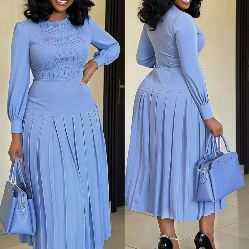 European and American Cross-Border Women's Clothing 2025 Summer New Fashion Long-Sleeved High-Waisted Pleated Slim-Fit Solid Color Long Dress