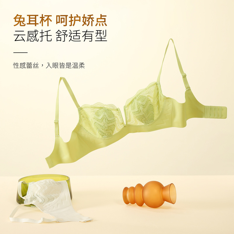 [W-Shaped Smart Soft Support] Sexy Rabbit Ear Cup French Lace Intimates Women's Comfortable Push-Up Deep V Push-Up Bra
