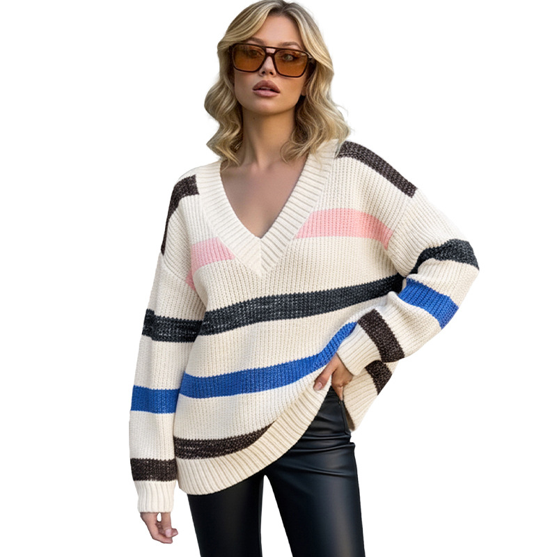 Gestreifter Damenpullover mit V-Ausschnitt – Oversized-Pullover im lässigen Stil für Herbst und Winter_voghion.com