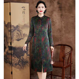 高端花萝香云纱重磅真丝连衣裙中长款大码妈妈装复古桑蚕丝裙子