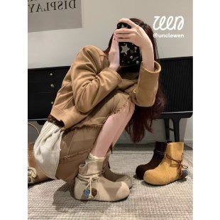 小众复古博肯堆堆靴女2025秋季新款网红毛球绑带百搭休闲时装靴女|undefined