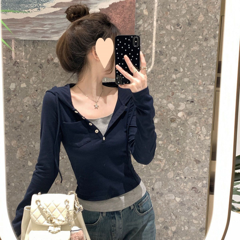大码设计感纽扣连帽长袖恤女2025秋季修身显瘦假两件小众上衣|undefined