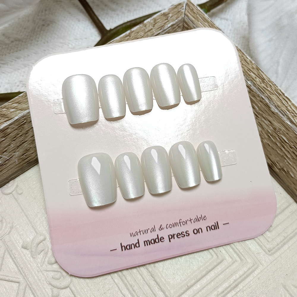 Uñas postizas blancas nacaradas claras, ojos de gato brumosos, uñas cortas, 30 piezas, uñas prefabricadas