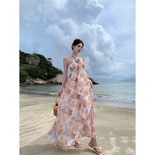 实拍2024春夏新款女士名媛时尚印花抹胸褶皱A摆长款连衣裙