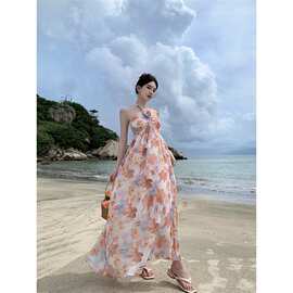 实拍2024春夏新款女士名媛时尚印花抹胸褶皱A摆长款连衣裙