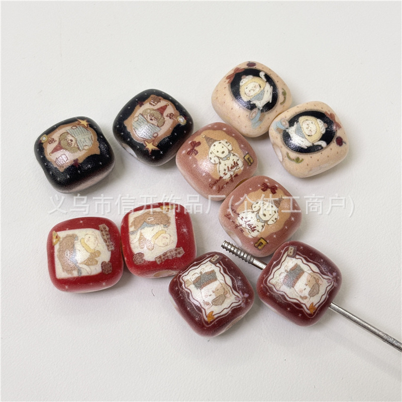 通孔狗狗印花复古小馒头串珠笔配件手机钥匙包链diy手工饰品材料|undefined