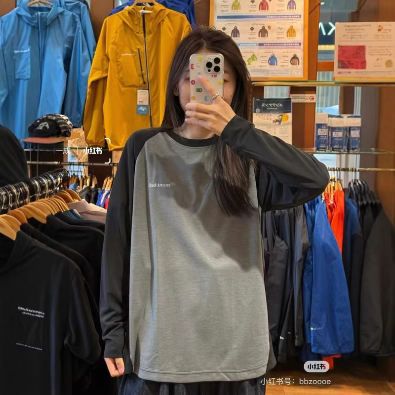 Montbell Outdoor Windproof Breathable Quick-Drying Raglan Color-Blocked Couple Sports Round Neck Long-Sleeved T-Shirt
