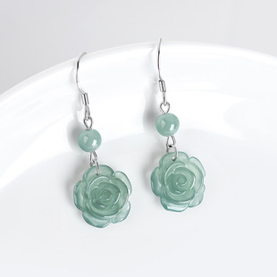 Natural A goods jade blue water rose earrings S925 silver set ice jade stone personality women's earrings earrings