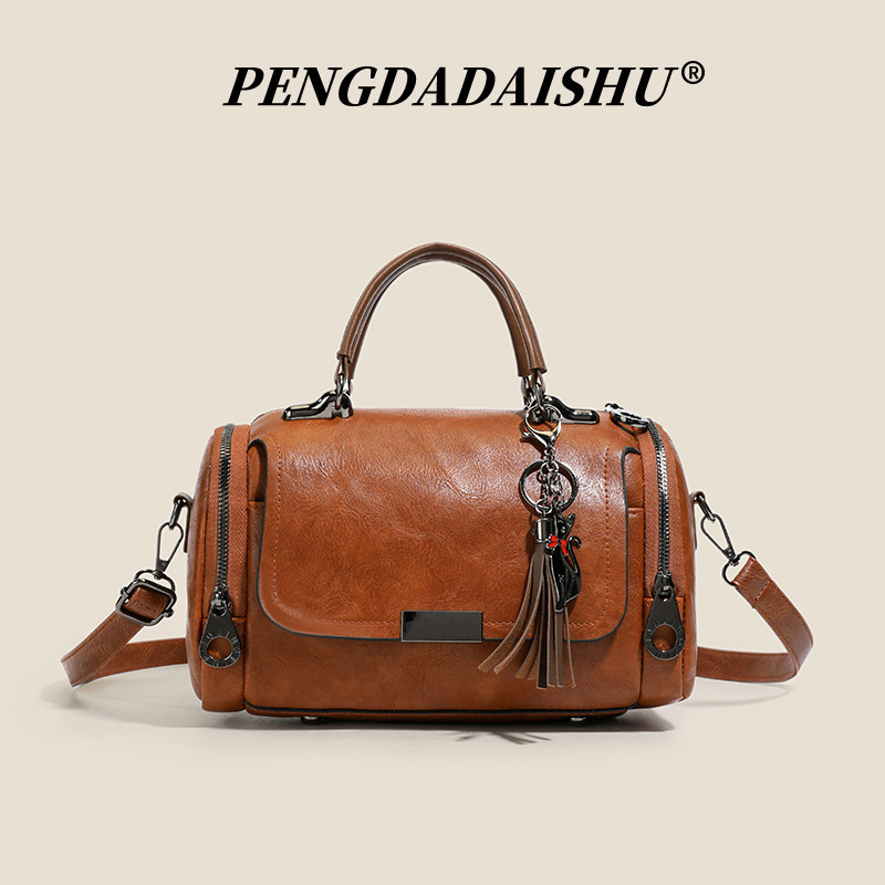 Retro Tassel Cylinder Bag Handbag Crossbody Bag Large Capacity Boston Pillow Bag Commuter Casual Women's Bag Versatile Style - Thumbnail 4